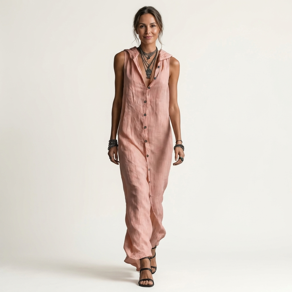 Pink linen hooded sleeveless maxi dress with button-front; front view.