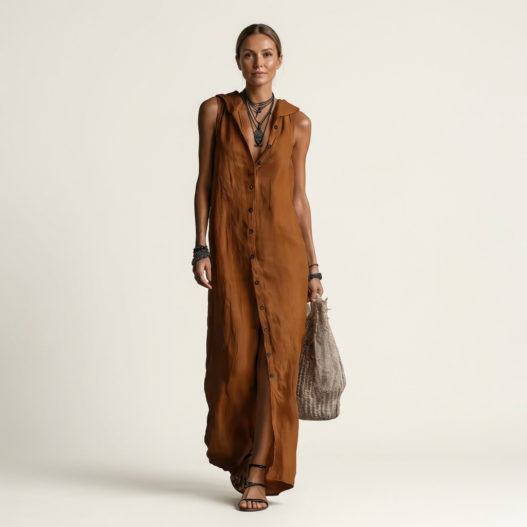 Brown linen hooded sleeveless maxi dress with button-front, side slit; front view.