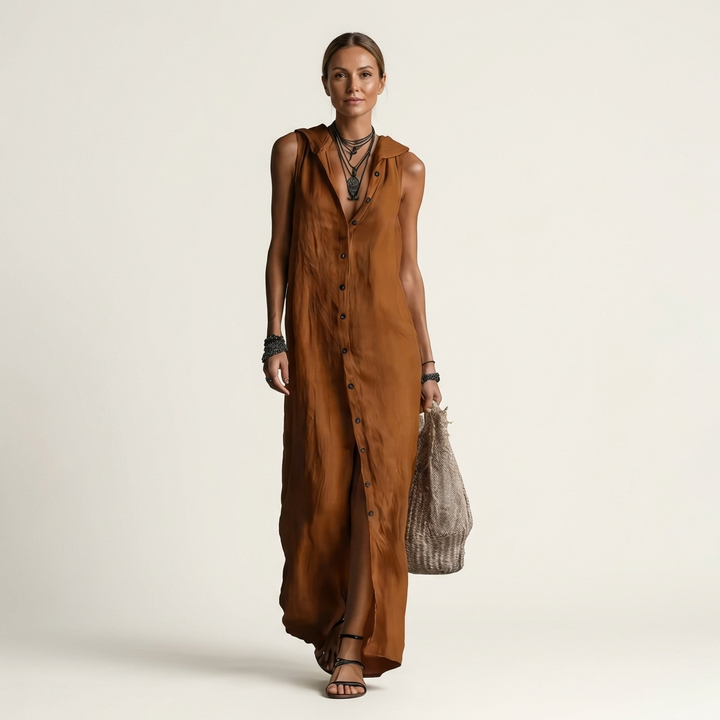 Brown linen hooded sleeveless maxi dress with button-front, side slit; front view.