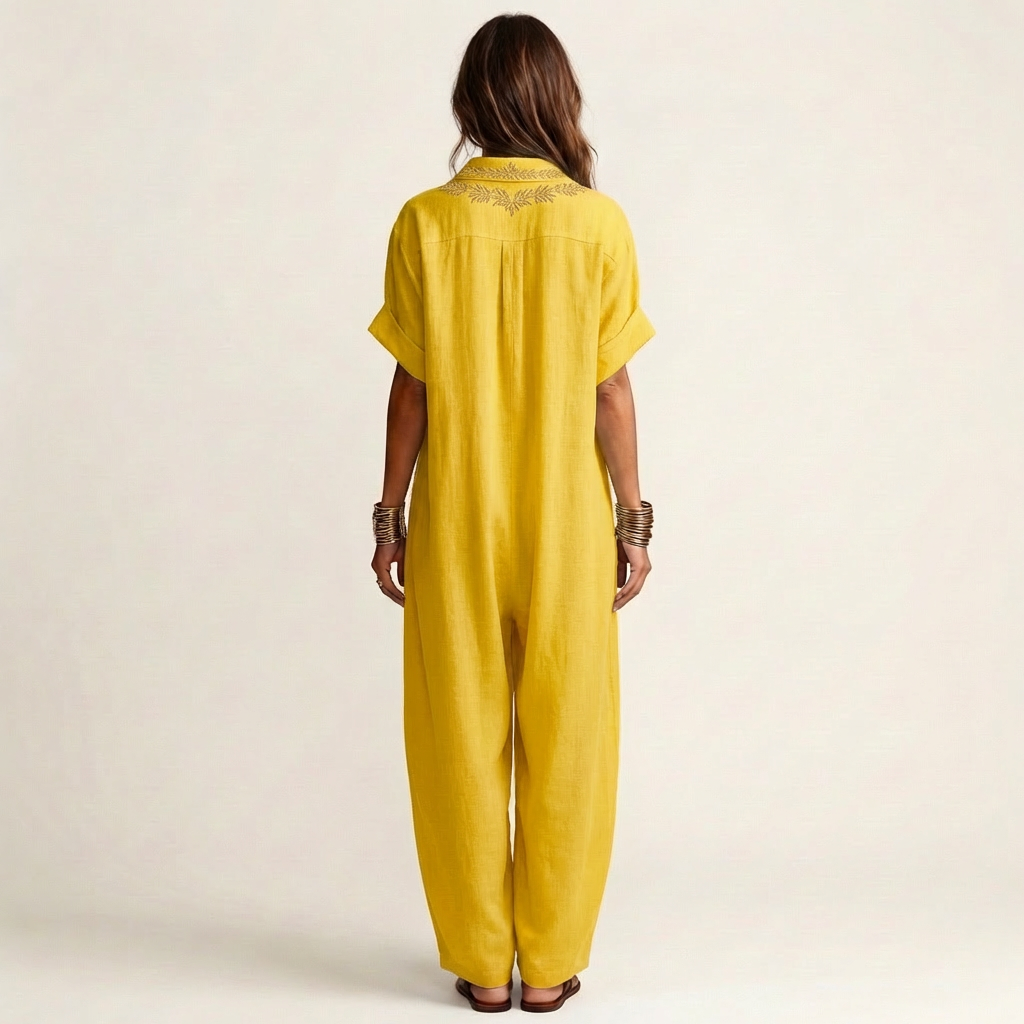 Yellow linen maxi dress with embroidered back yoke and short sleeves