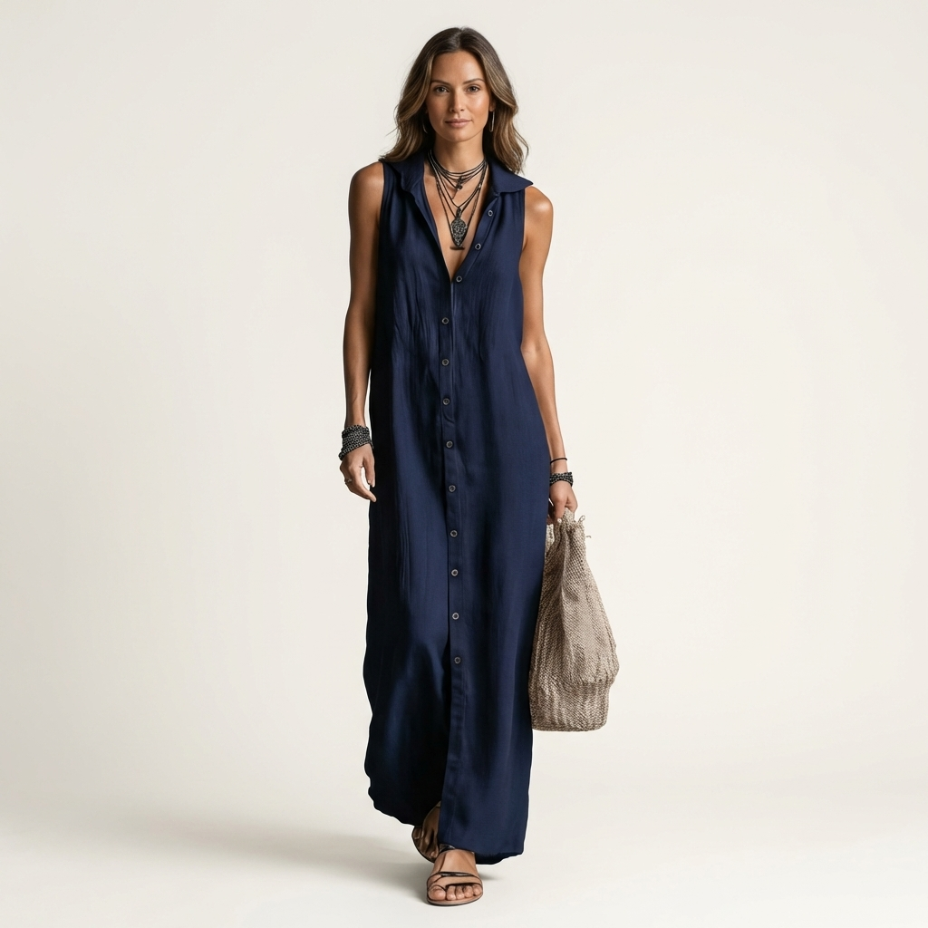Navy blue linen hooded sleeveless maxi dress with button-front, open placket.