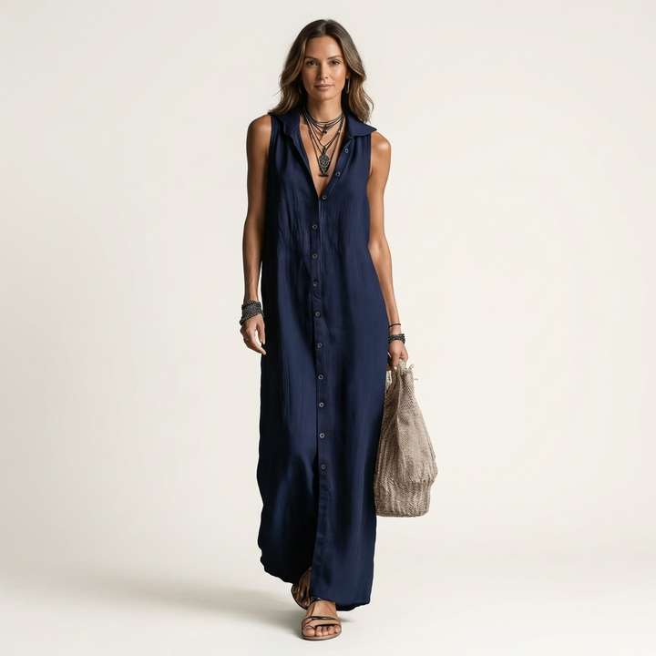 Navy blue linen hooded sleeveless maxi dress with button-front, open placket.