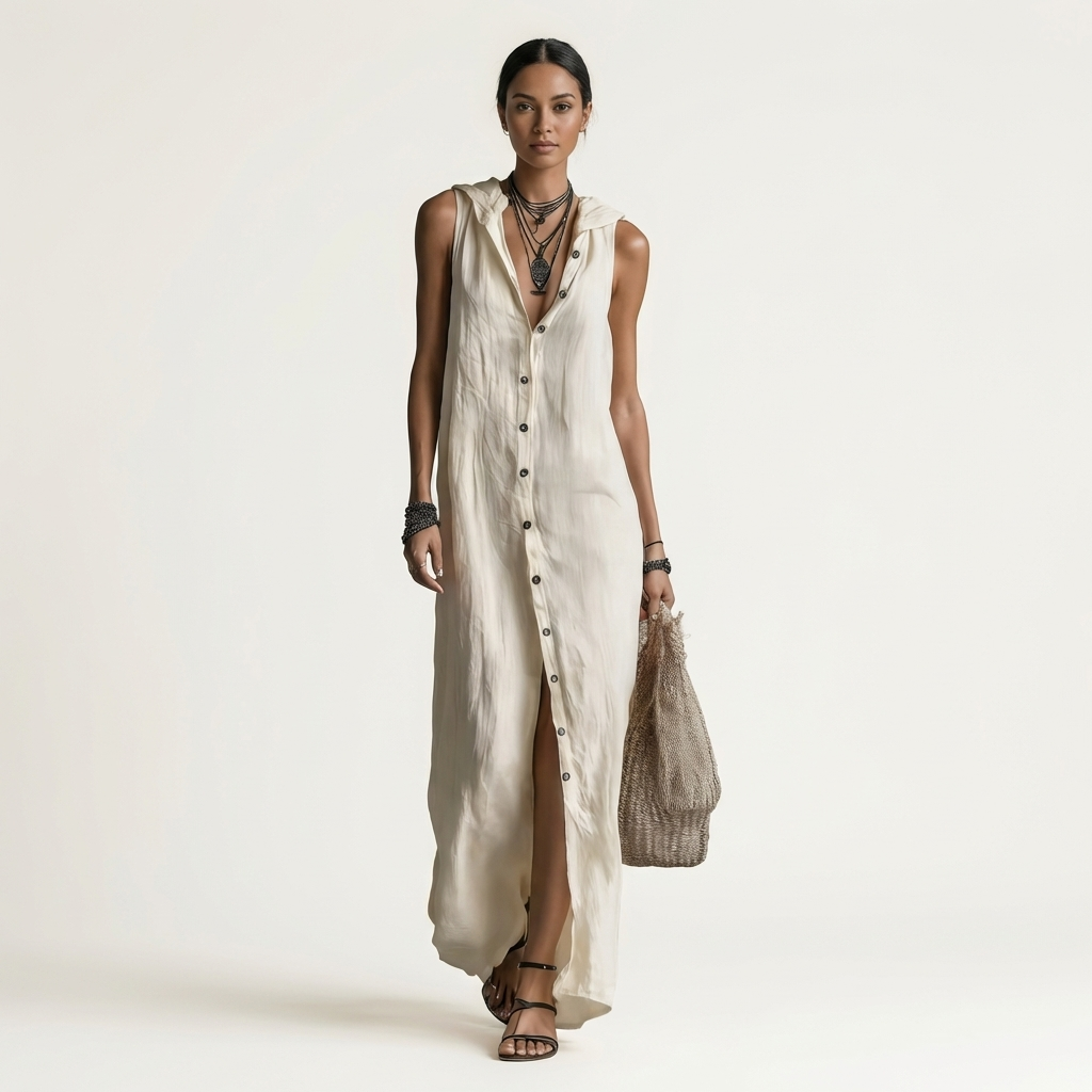 White linen hooded sleeveless maxi dress with button-front; front view.