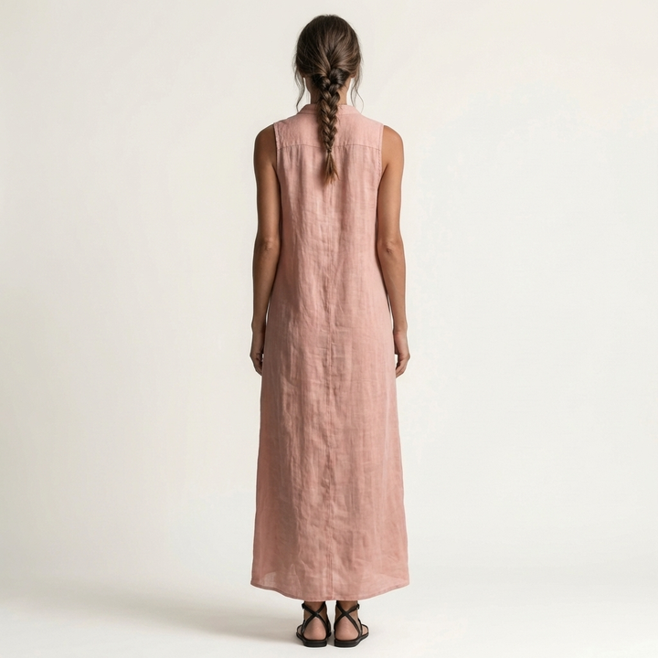 Pink linen hooded sleeveless maxi dress with button-front; back view.
