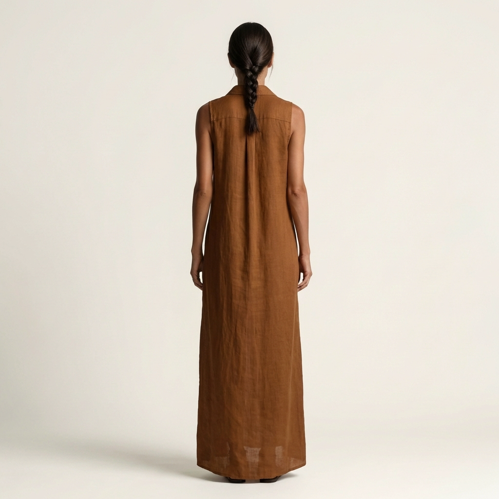 Brown linen hooded sleeveless maxi dress with button-front; back view.