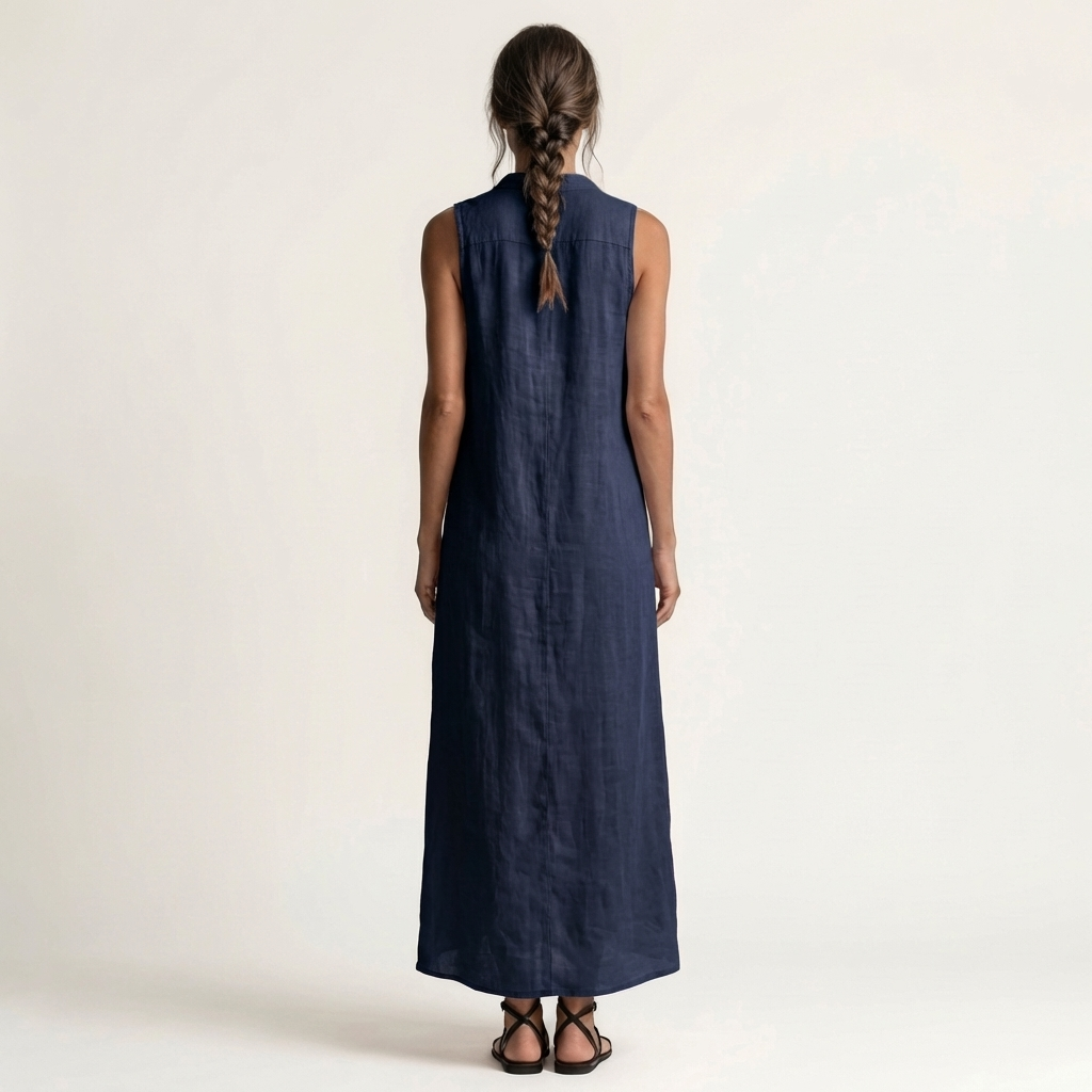 Navy blue linen hooded sleeveless maxi dress, button-front closure; back view.
