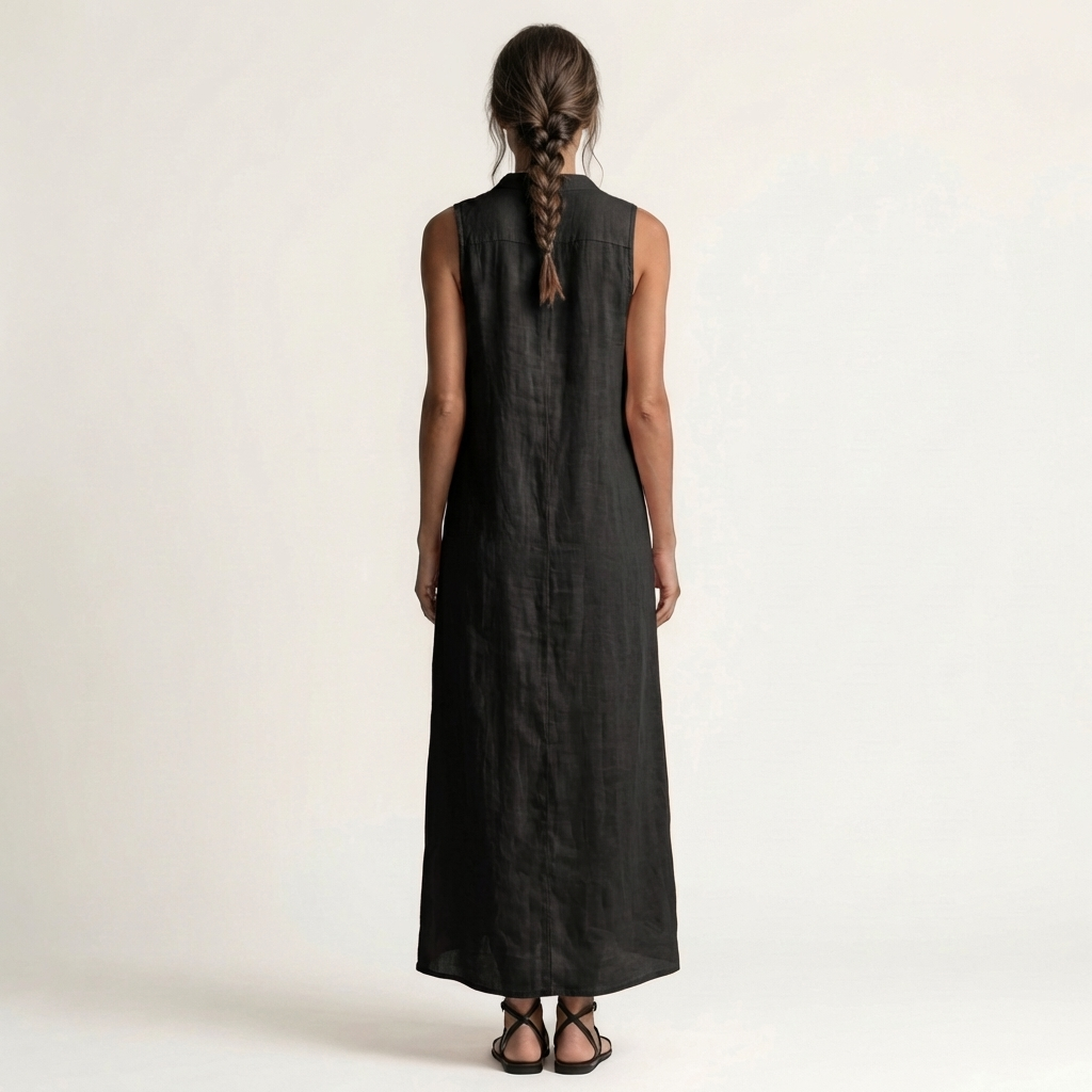 Black linen hooded sleeveless maxi dress with button-front; back view.