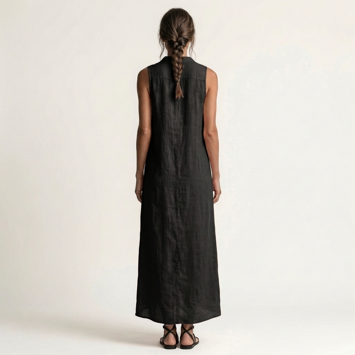 Black linen hooded sleeveless maxi dress with button-front; back view.