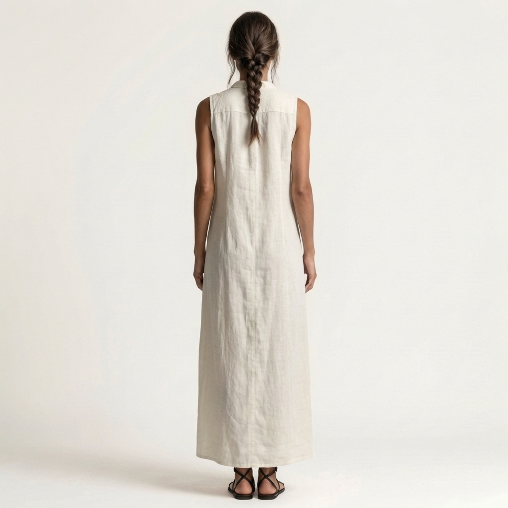 White linen hooded sleeveless maxi dress with button-front; back view.