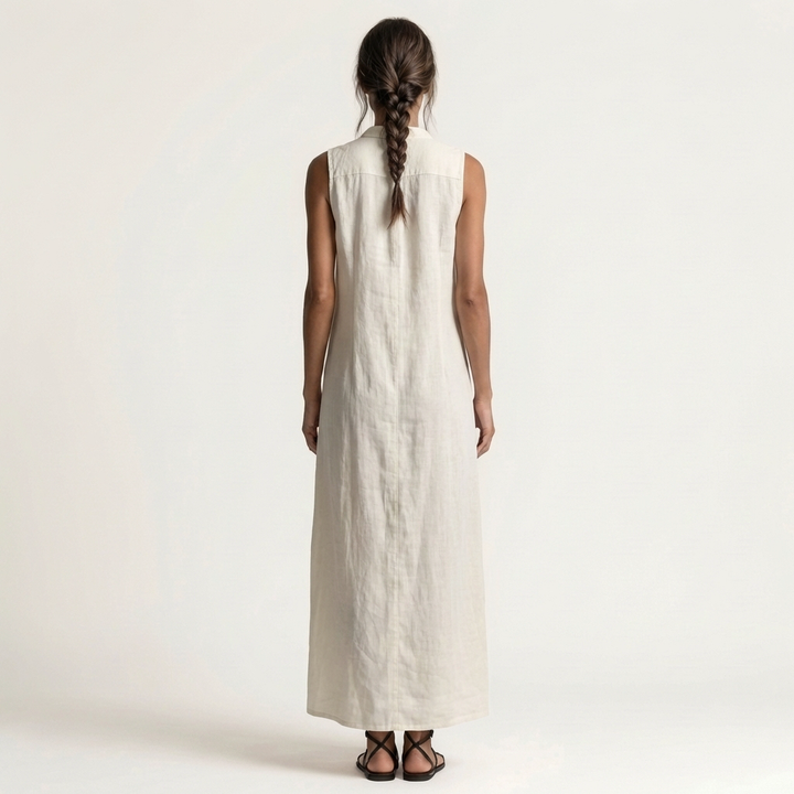 White linen hooded sleeveless maxi dress with button-front; back view.