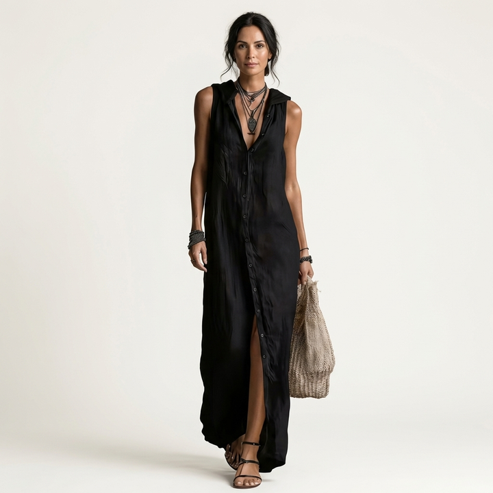 Black linen hooded sleeveless maxi dress with button-front; front view.