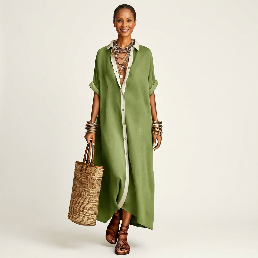 Green contrast-collar button-front maxi shirt dress with short sleeves