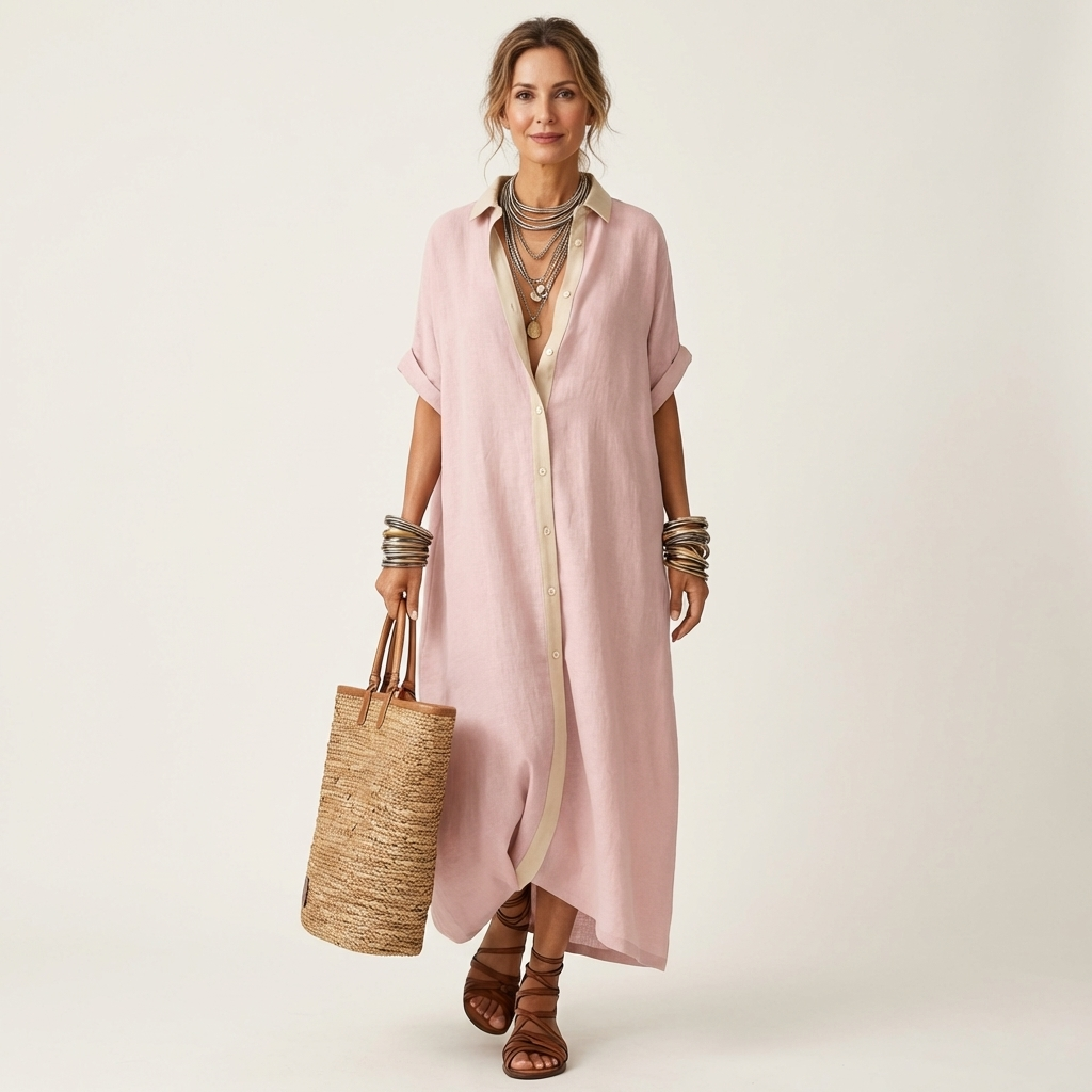 Pink contrast-collar button-front maxi shirt dress with short sleeves