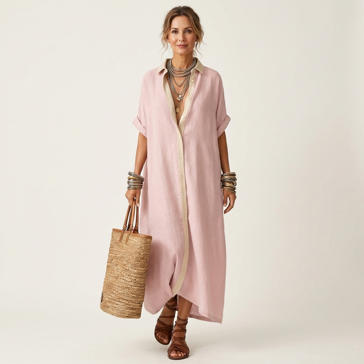 Pink contrast-collar button-front maxi shirt dress with short sleeves