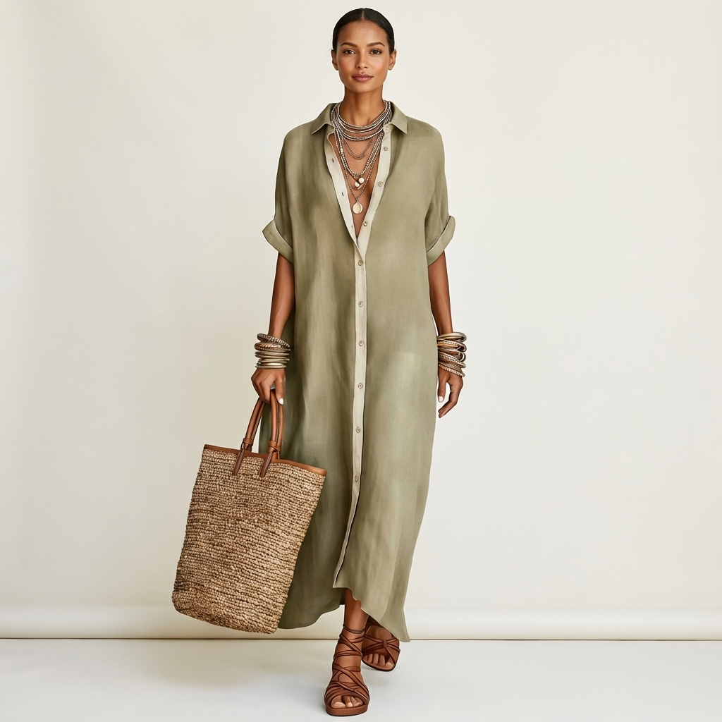 Olive contrast-collar button-front maxi shirt dress with short sleeves