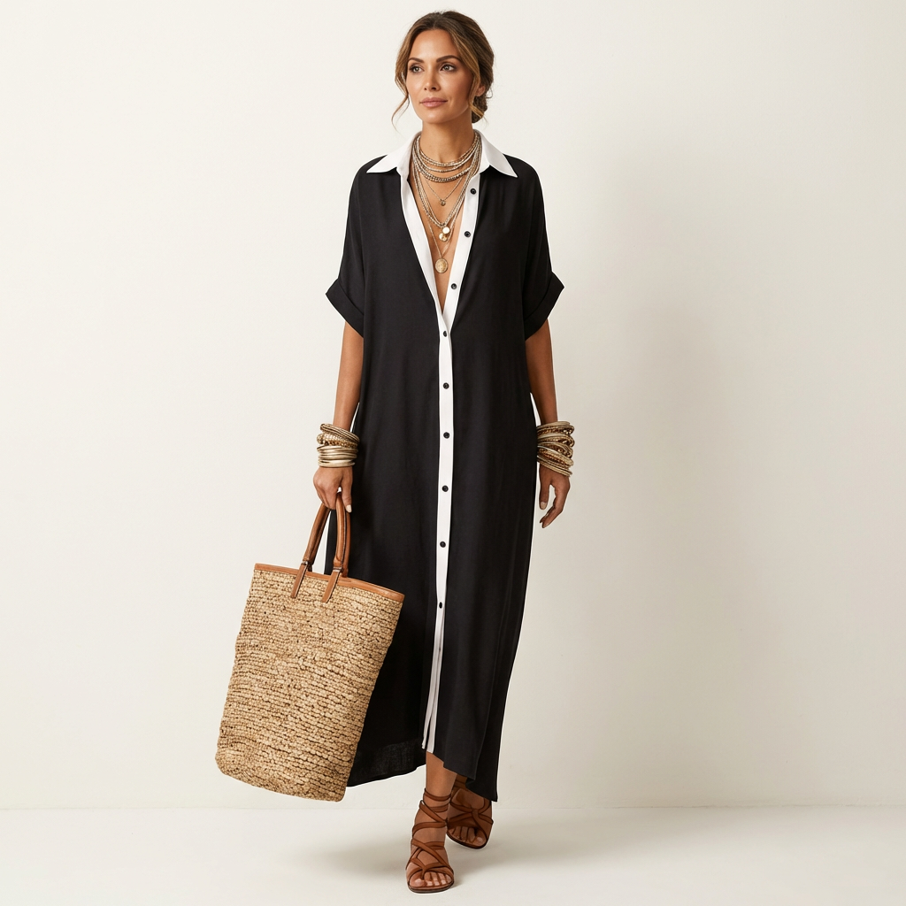 Black contrast-collar button-front maxi shirt dress with short sleeves