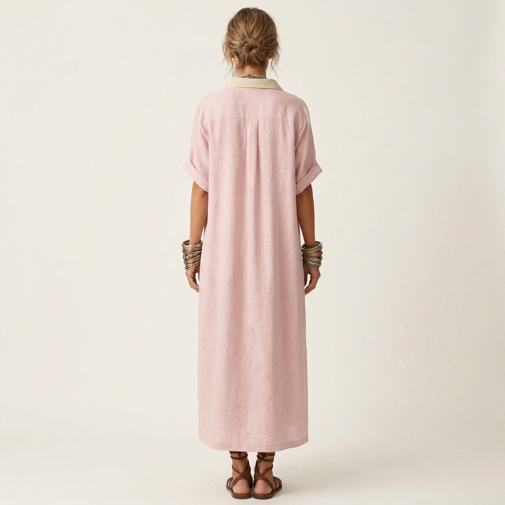 Pink contrast-collar maxi shirt dress with short sleeves, button-front style (back view)