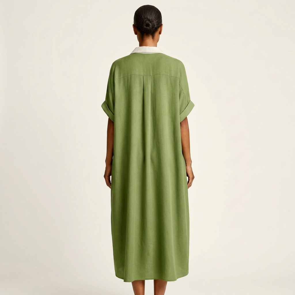 Green contrast-collar maxi shirt dress with short sleeves, button-front style (back view)