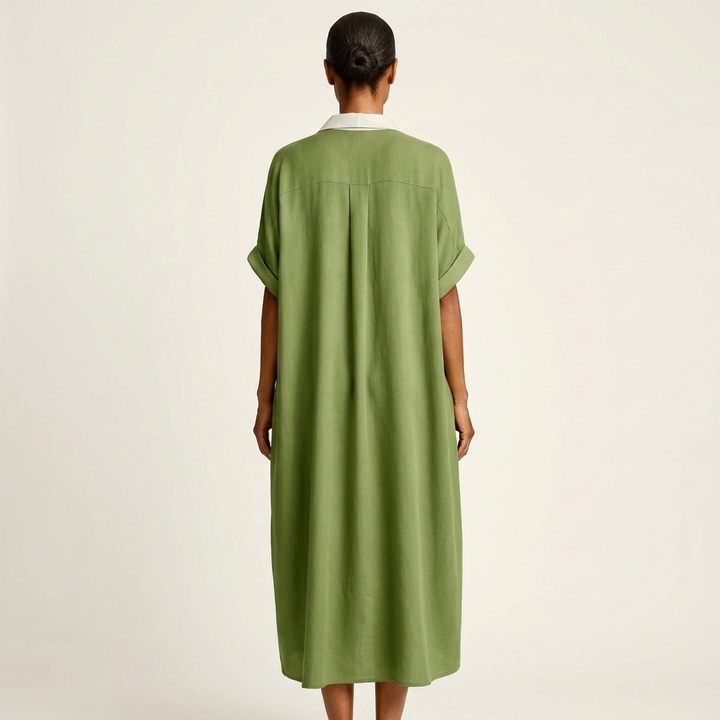 Green contrast-collar maxi shirt dress with short sleeves, button-front style (back view)