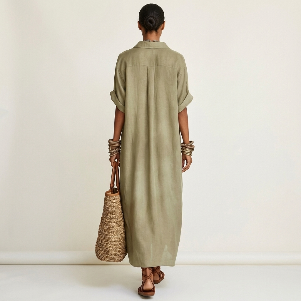 Olive contrast-collar maxi shirt dress, button-front style, short sleeves (back view)