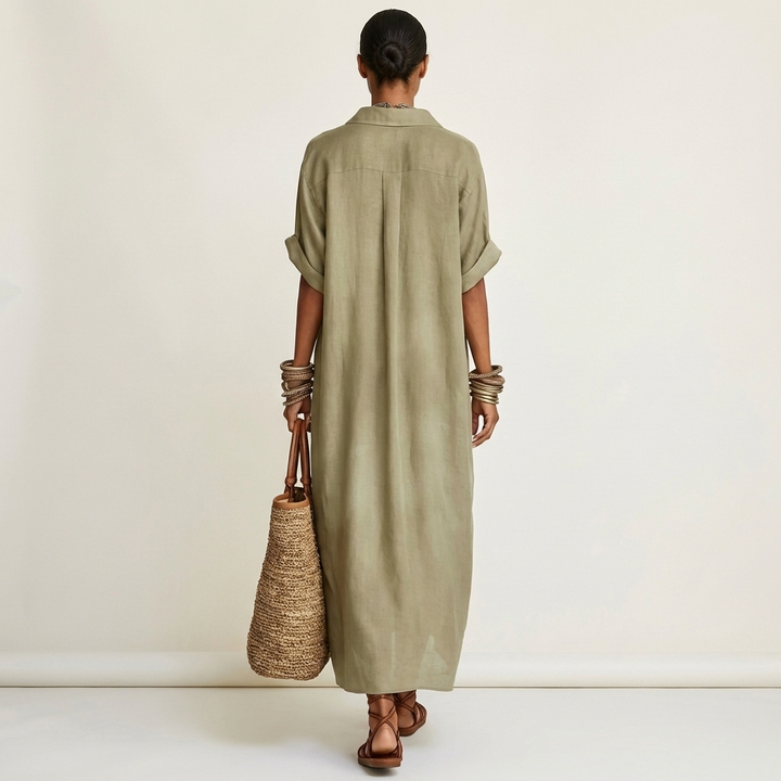 Olive contrast-collar maxi shirt dress, button-front style, short sleeves (back view)