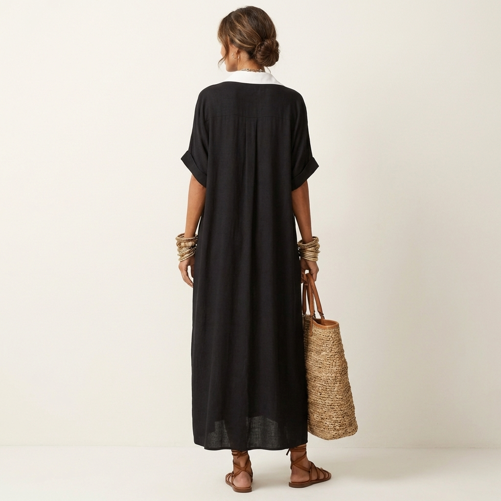 Black contrast-collar maxi shirt dress with short sleeves, button-front style (back view)