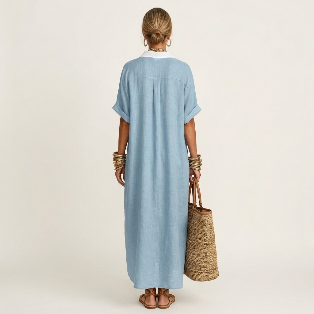 Blue contrast-collar maxi shirt dress, button-front style, short sleeves (back view)