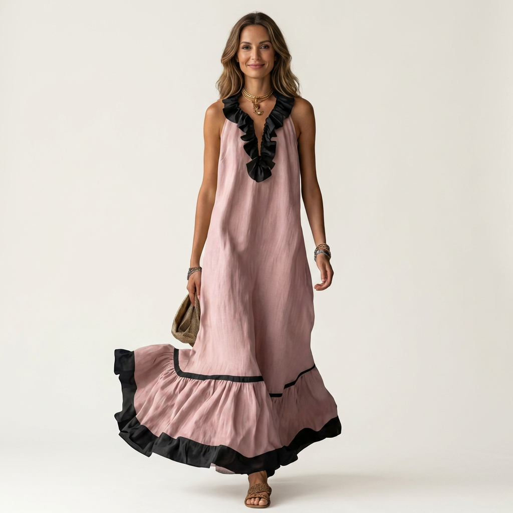 Pink sleeveless maxi dress with ruffle neckline and black contrast trim