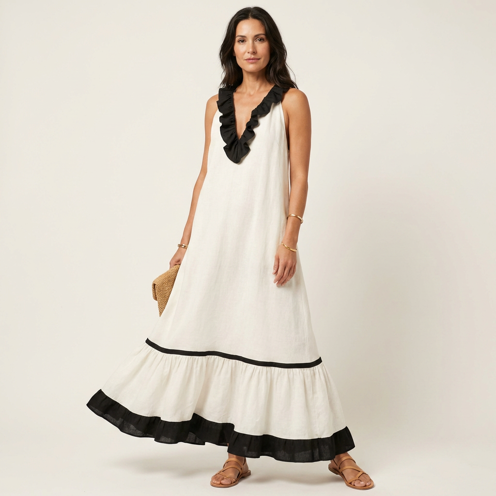 Sleeveless maxi dress with ruffle neck, white linen-look with black contrast trim
