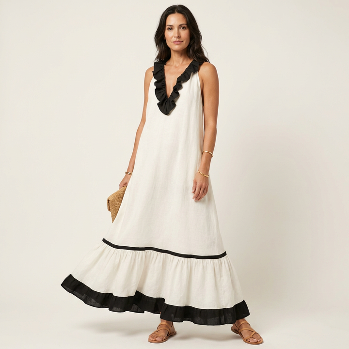 Sleeveless maxi dress with ruffle neck, white linen-look with black contrast trim