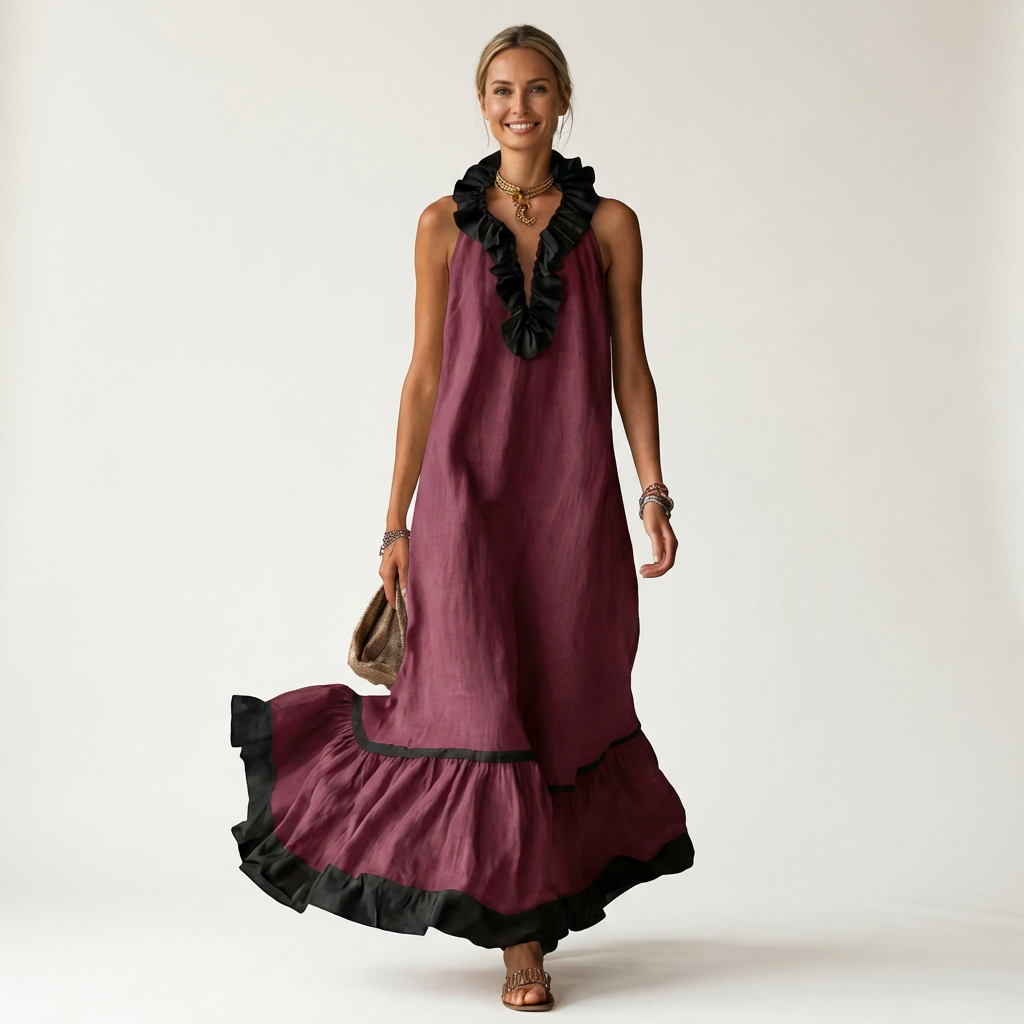 Burgundy sleeveless maxi dress with ruffle neckline and black contrast trim