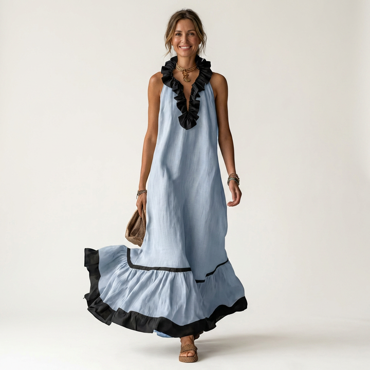 Sky blue sleeveless maxi dress with ruffle neckline and black contrast trim