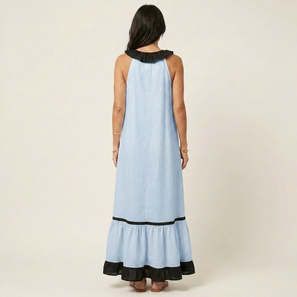 Sky blue sleeveless maxi dress, back view with ruffle neck and black contrast trim