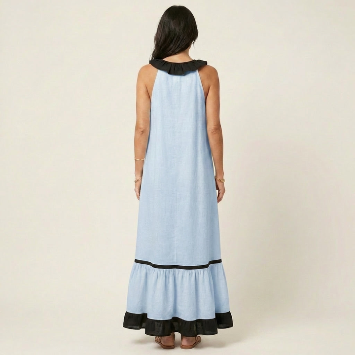 Sky blue sleeveless maxi dress, back view with ruffle neck and black contrast trim