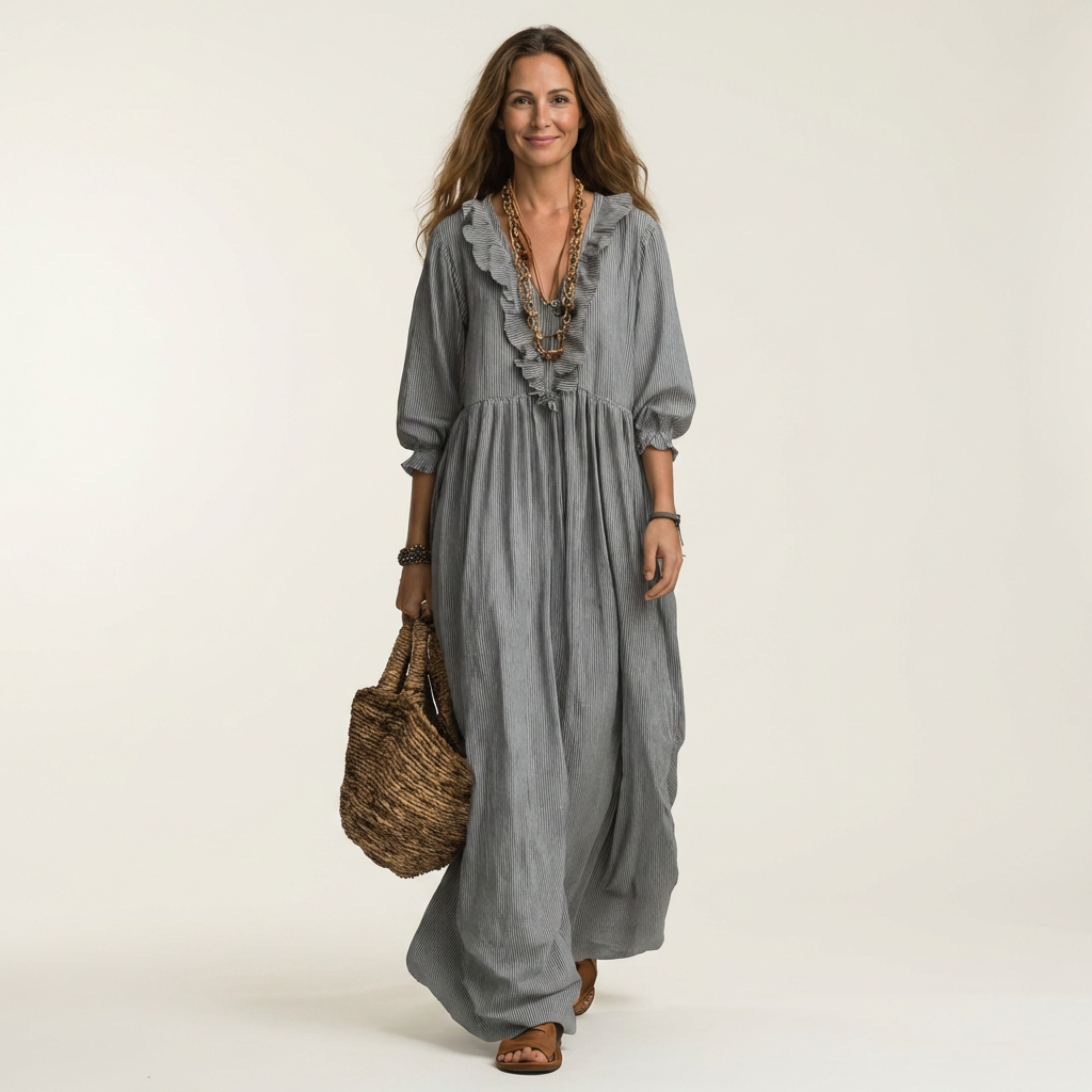 Gray ruffle V-neck maxi dress with gathered skirt and 3/4 lantern sleeves