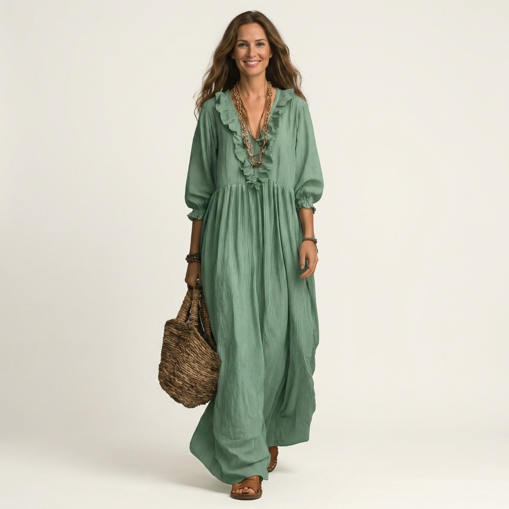 Green ruffle V-neck maxi dress with gathered skirt and three-quarter lantern sleeves