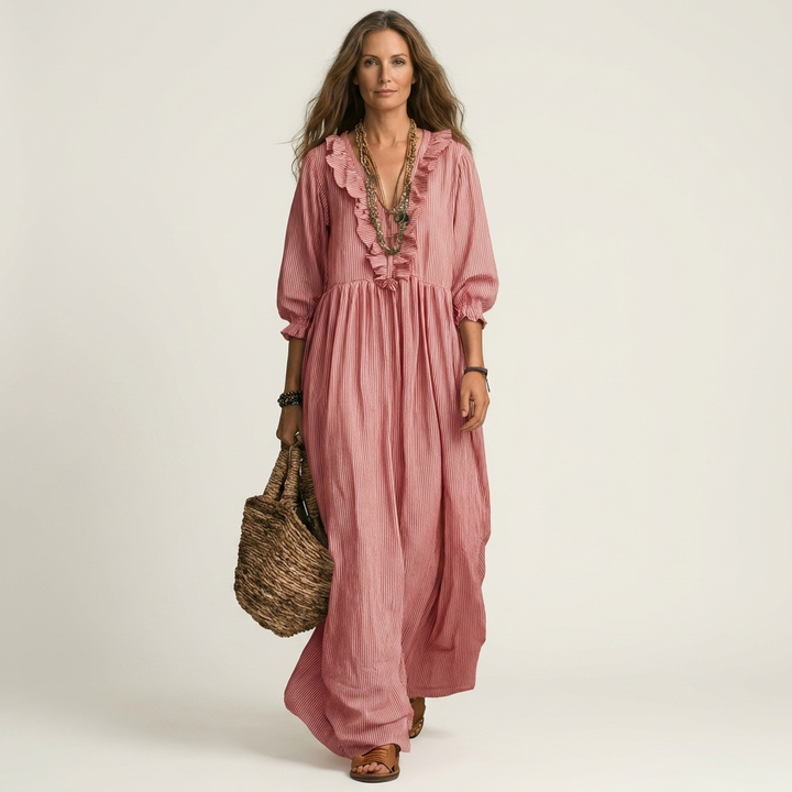 Pink ruffle V-neck maxi dress with gathered waist and three-quarter lantern sleeves