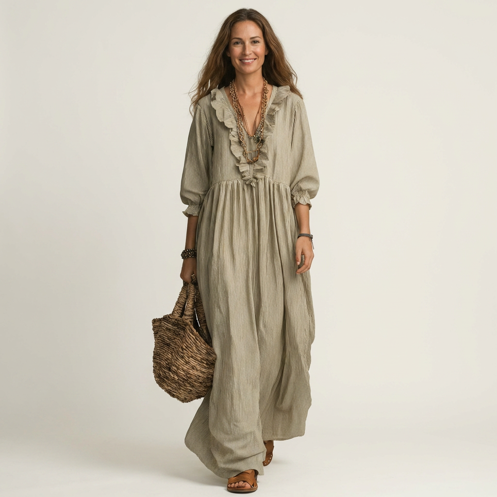 Khaki ruffle V-neck maxi dress with gathered skirt and three-quarter lantern sleeves