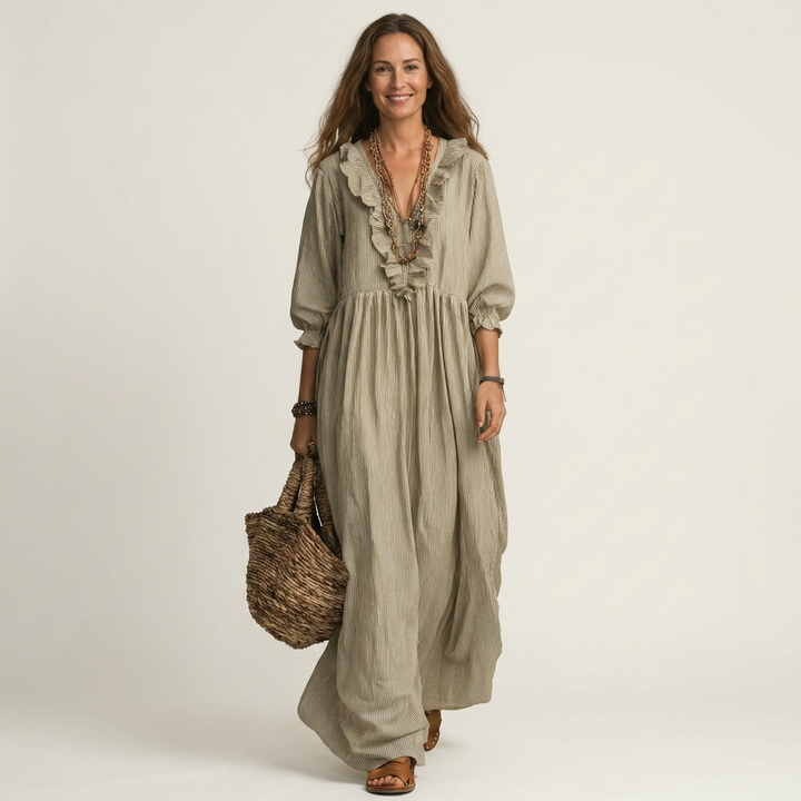 Khaki ruffle V-neck maxi dress with gathered skirt and three-quarter lantern sleeves
