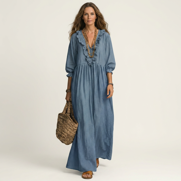 Blue ruffle V-neck maxi dress with gathered waist and three-quarter lantern sleeves