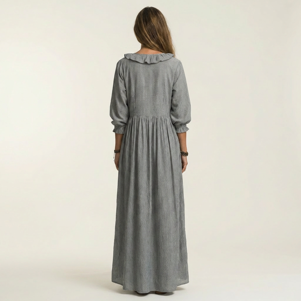 Gray V-neck maxi dress with ruffled back yoke and three-quarter lantern sleeves