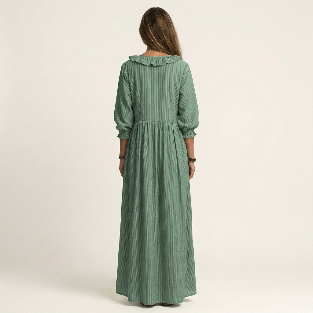 Green ruffle yoke maxi dress with gathered waist and three-quarter lantern sleeves
