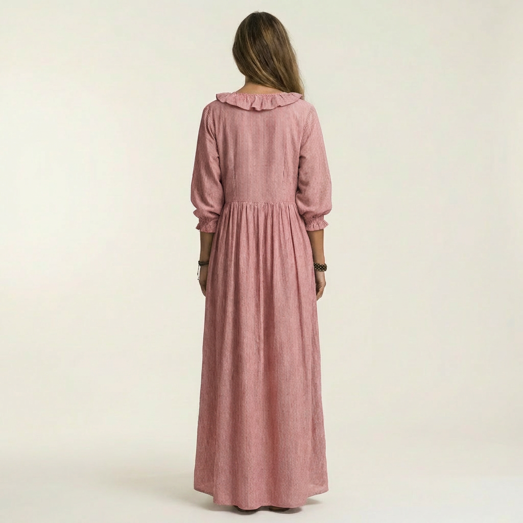 Pink ruffle yoke maxi dress with gathered waist and three-quarter lantern sleeves