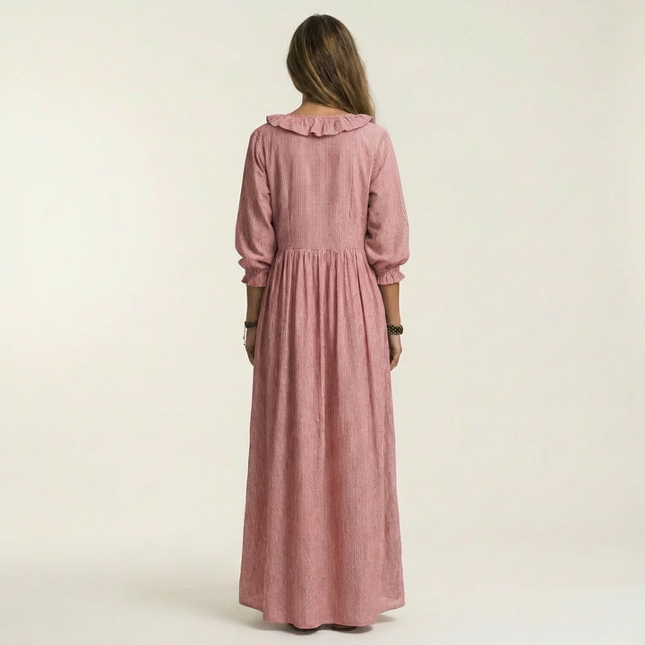 Pink ruffle yoke maxi dress with gathered waist and three-quarter lantern sleeves
