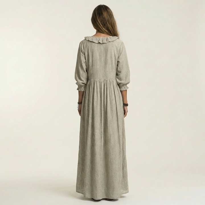 Khaki ruffle yoke maxi dress with gathered waist and three-quarter lantern sleeves