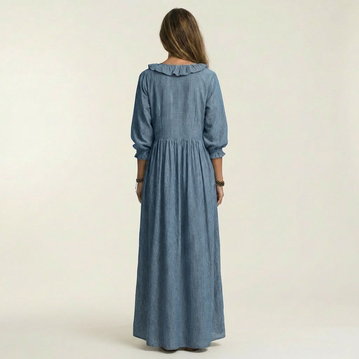 Blue ruffle yoke maxi dress with gathered waist and three-quarter lantern sleeves
