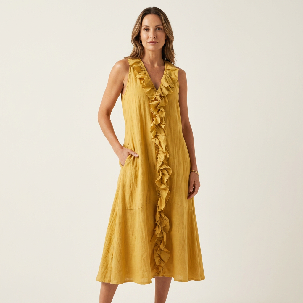 Sleeveless linen dress with V-neck and ruffle-front detailing, golden yellow