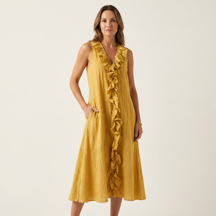 Sleeveless linen dress with V-neck and ruffle-front detailing, golden yellow