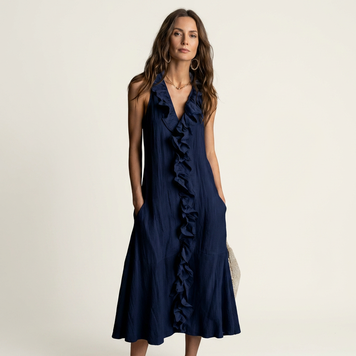 Navy blue linen maxi dress with V-neck and ruffled front, sleeveless