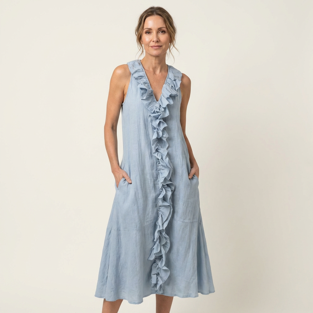Light blue linen maxi dress with V-neck and ruffled front, sleeveless